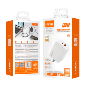 CARGADOR DE PARED LDNIO Q3 45W 2P PD+USB+cab TC-TC WHITE+