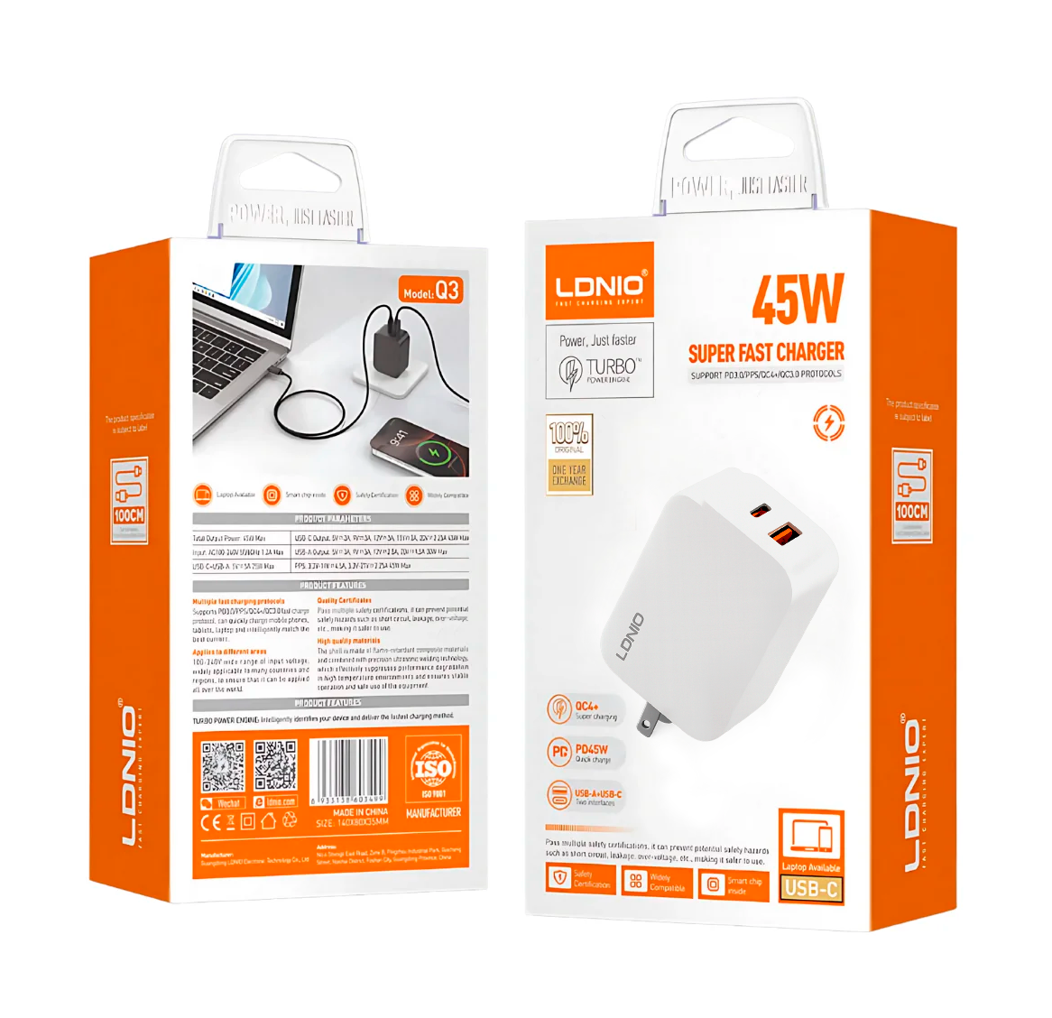 CARGADOR DE PARED LDNIO Q3 45W 2P PD+USB+cab TC-TC WHITE+