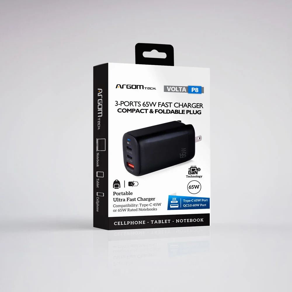 CARGADOR DE PARED ARGOM VOLTA P8 65W GAN 3 DUAL PD TYPE-C USB ARG-AC-0126BK BLACK