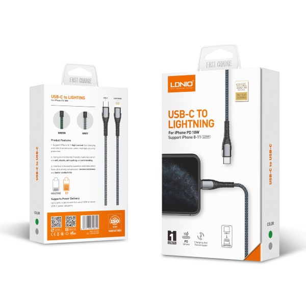 CARGADOR DE PARED LDNIO 2 TIPO C 35W + CABLE TIPO C A LIGHNING 1M