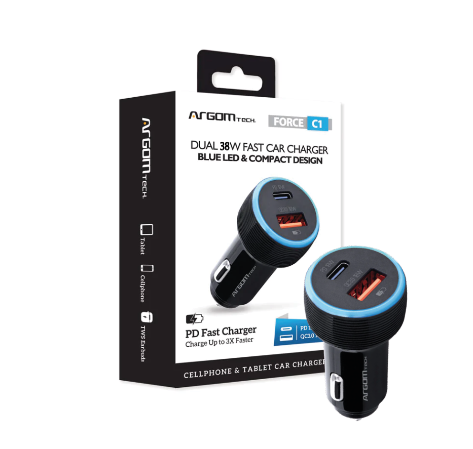 ADAPTADOR DE CARGA PARA AUTO ARGOM FORCE C1 38W PD TYPE-C - USB BLACK