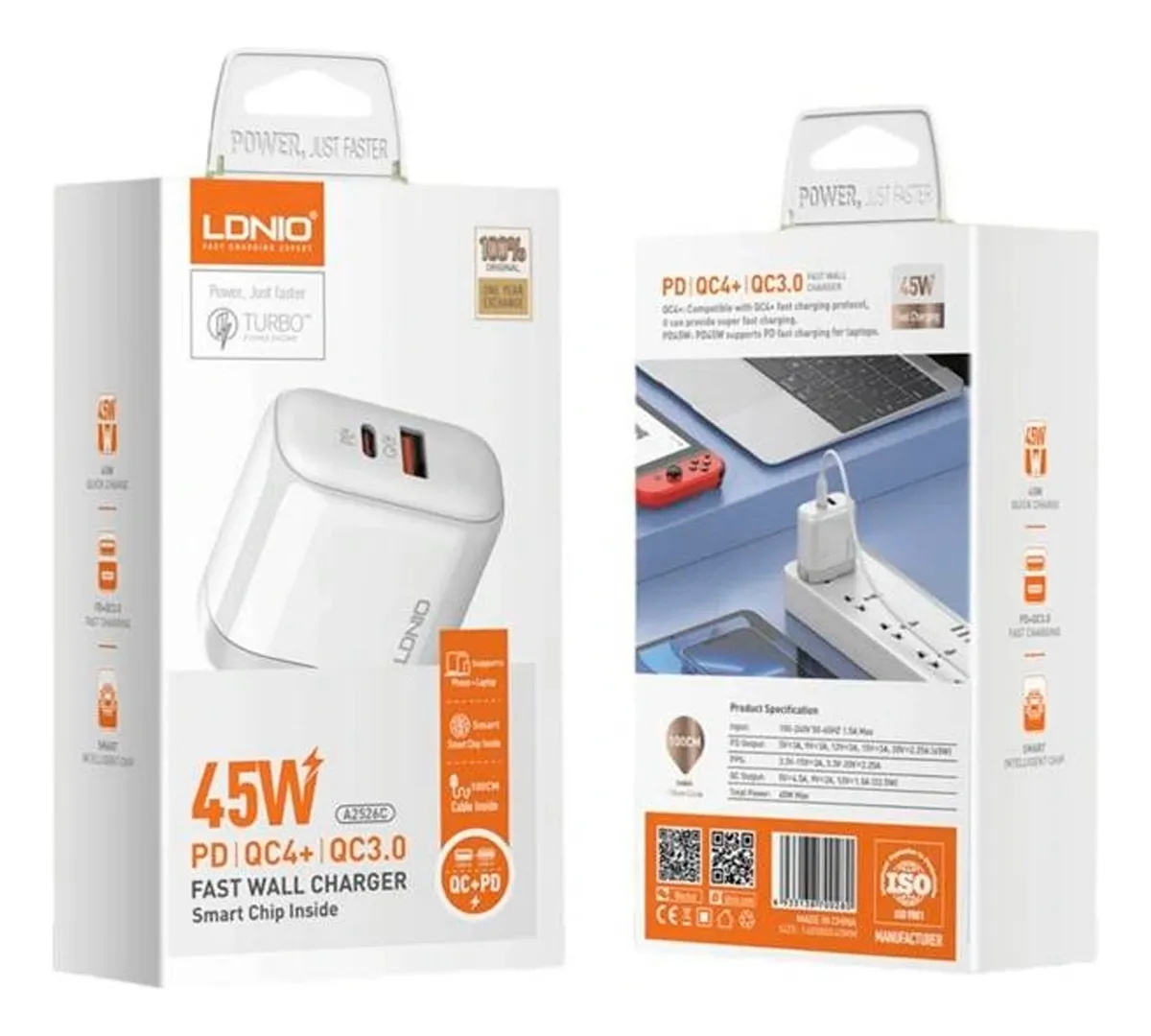 CARGADOR DE PARED A2528C LDNIO TIPO A TIPO C 45W + CABLE TIPO C A LIGHNING 1M
