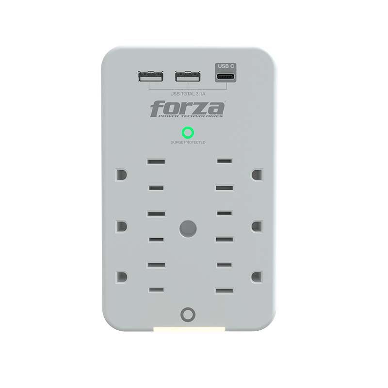 TOMACORRIENTE PROTECTOR TENSIÓN FORZA FWT-631USBC 490J/1875W, 6 SLDS, USB, 120V